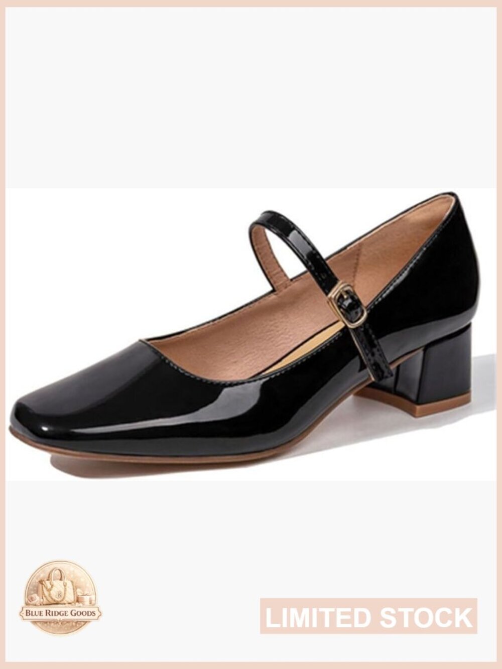 Women's Retro Square Toe Mary Jane Pumps Low Heel Patent Leather